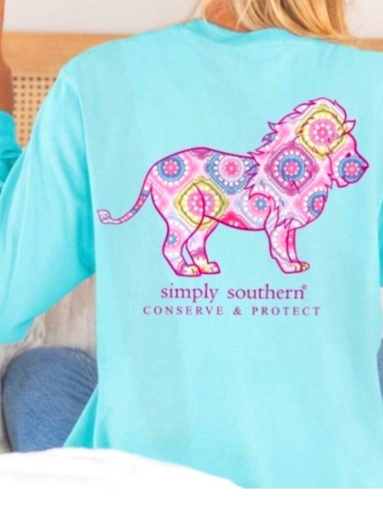 Simply Southern Tops - Simply Southern Light Teal Blue Long Sleeve Tee Lion Tracker Conservation Size S